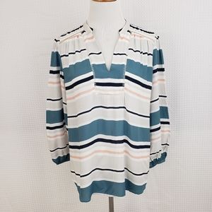 Loft Top Boho Stripe Flowy Split Neck Blouse size SP Beachy Teal Gray